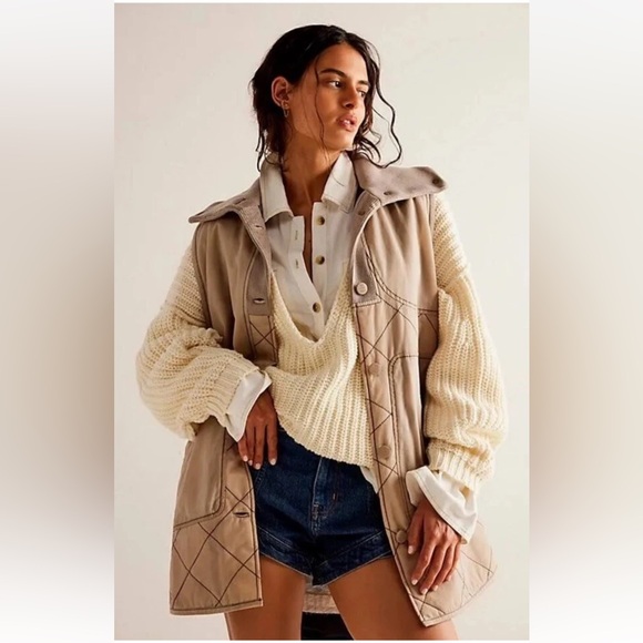 Free People Benny Waxed Vest Cotton We The Free Cord Trim Plaid Lining TanCarbon
